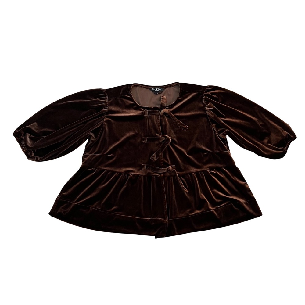 Velvet Heart Los Angeles Brown Velvet Peplum Top Puff Sleeve Tie Front Medium